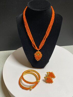 Orange Indian-inspired Glass Beaded Jewelry Set – Necklace, Bracelets & Earrings